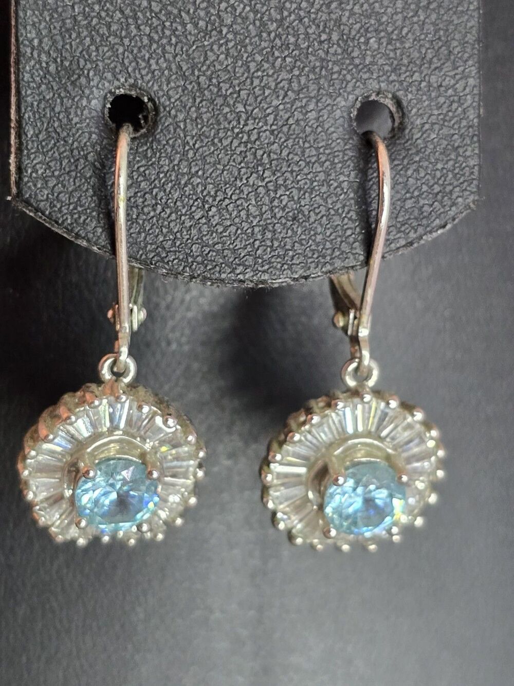 Blue Crystal Halo Necklace Earrings Set Silver Tone 16" Marked NVC #283